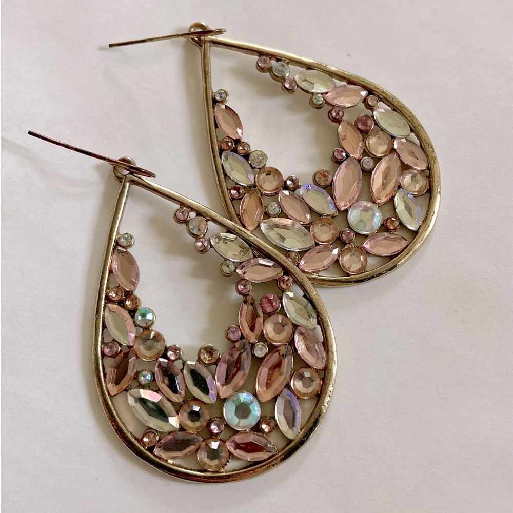Gold & Pink Rhinestone Teardrop Dangle Earrings 2”